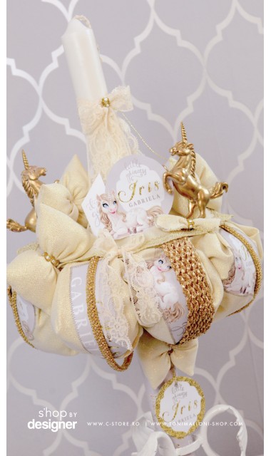 Lumanare de botez cu unicorni gold, 65x4 cm, Unicornul cu ochi albastri 2